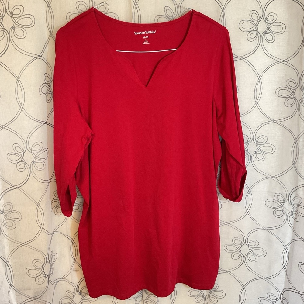 Woman Within Red Shirt V-Neck 3/4 Roll Tab Sleeve Size large ( 18/20)